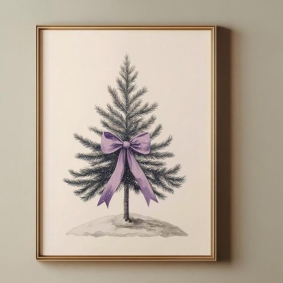 Purple Satin Bow Watercolor Christmas Tree Elegant Coquette Winter Poster