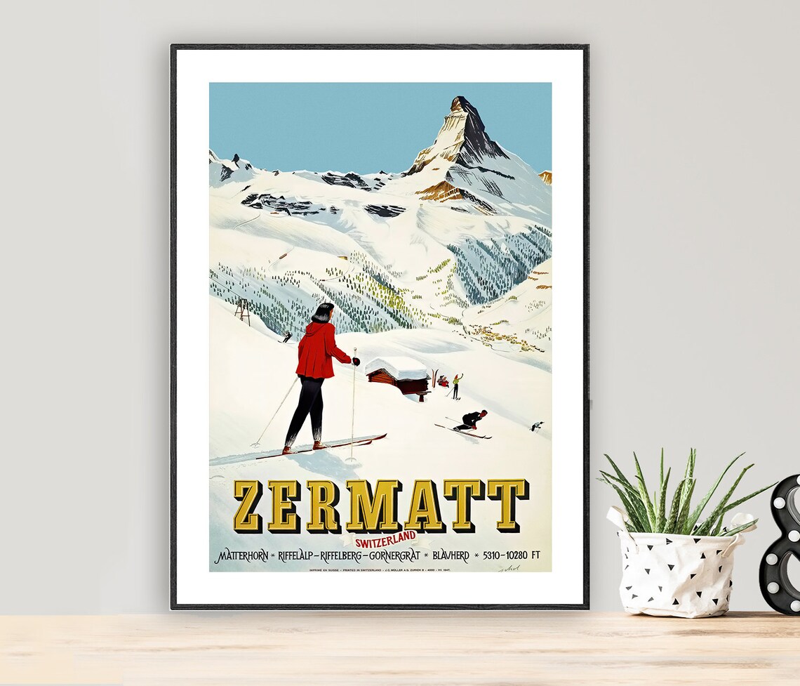 Zermatt Switzerland Matterhorn Vintage Ski Resort Travel Poster