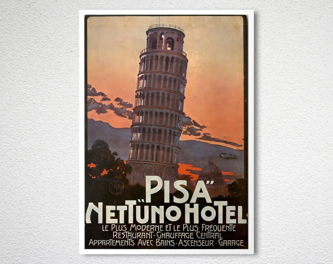 Pisa Nettuno Hotel Leaning Tower Sunset Vintage Italian Travel Poster - Image 2