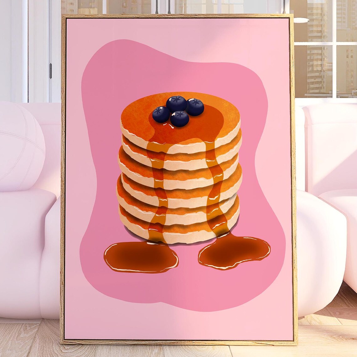 Stack of Blueberry Pancakes with Syrup Pink Retro Kitchen Poster