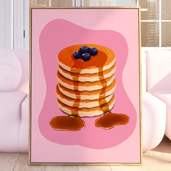 Blueberry Pancake Art Print Breakfast Wall Decor Trendy Kitchen Food Illustration Retro Pancakes And Syrup Brunch Home 3018
