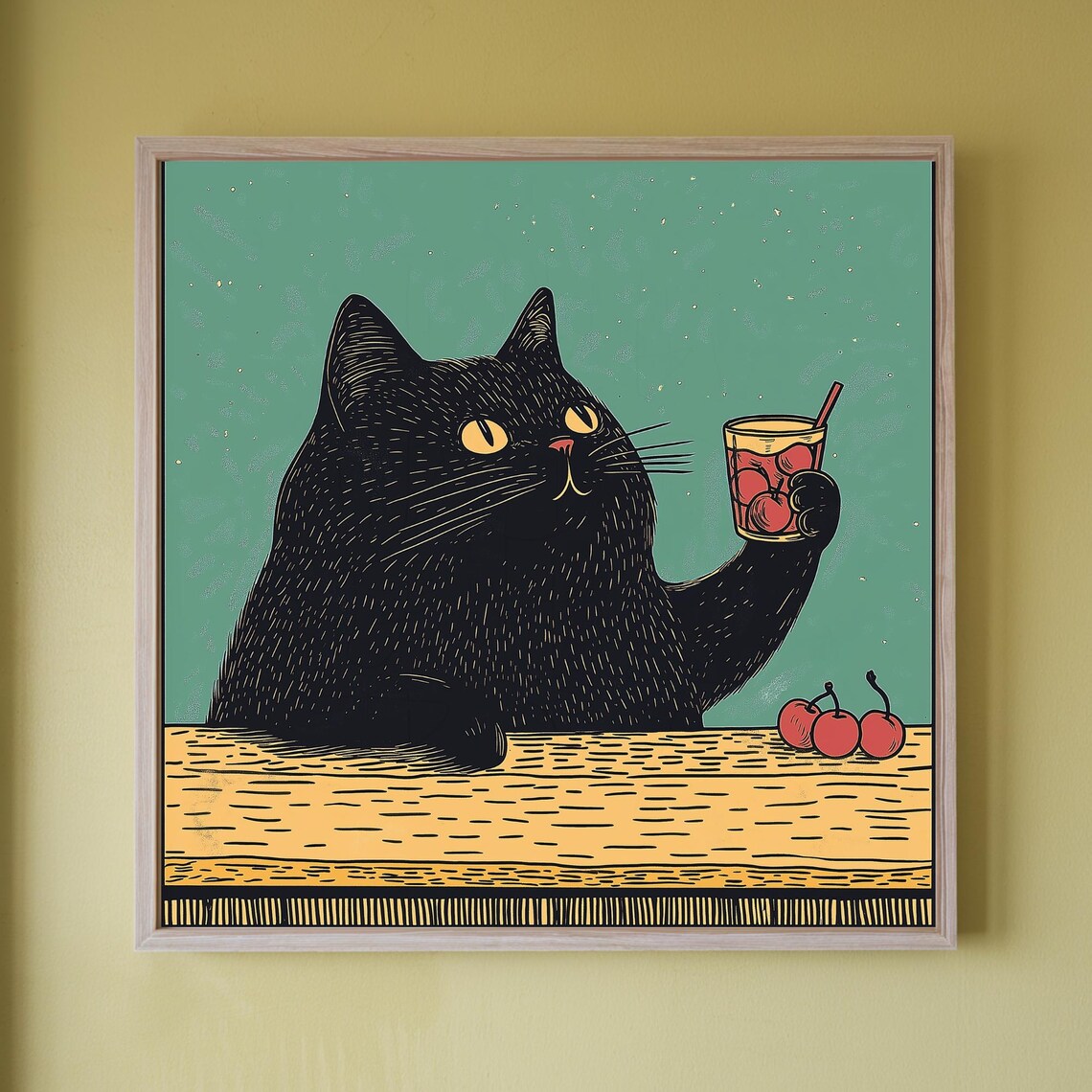 Black Cat Sipping Cherry Cocktail Vintage Illustration Poster