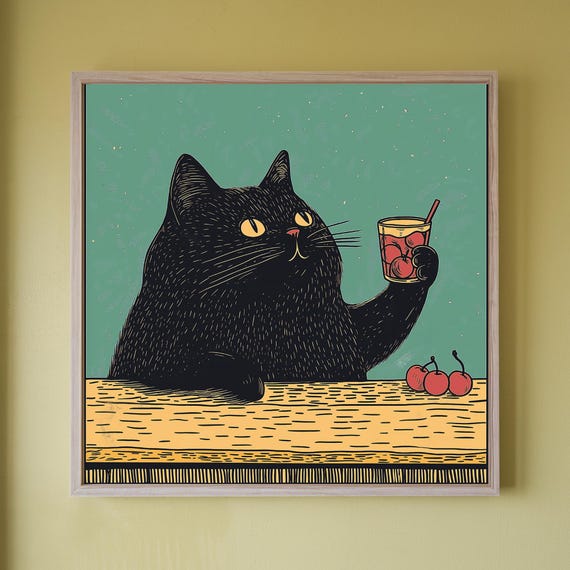 Black Cat Bar Cart Art Print Quirky Cocktail Poster Cherry Drink Wall Decor Cute Lover Gift Housewarming Gifts