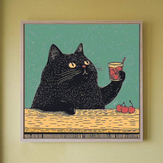 Black Cat Sipping Cherry Cocktail Vintage Illustration Poster