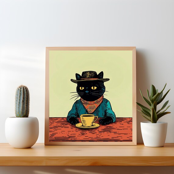 Funny Cat Print Cowboy Black Wall Art For Western Decor Quirky Coffee Poster Gift Lovers