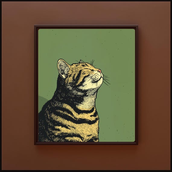 Cute Tabby Cat Art Print Quirky Green Wall Dopamine Decor For Lovers