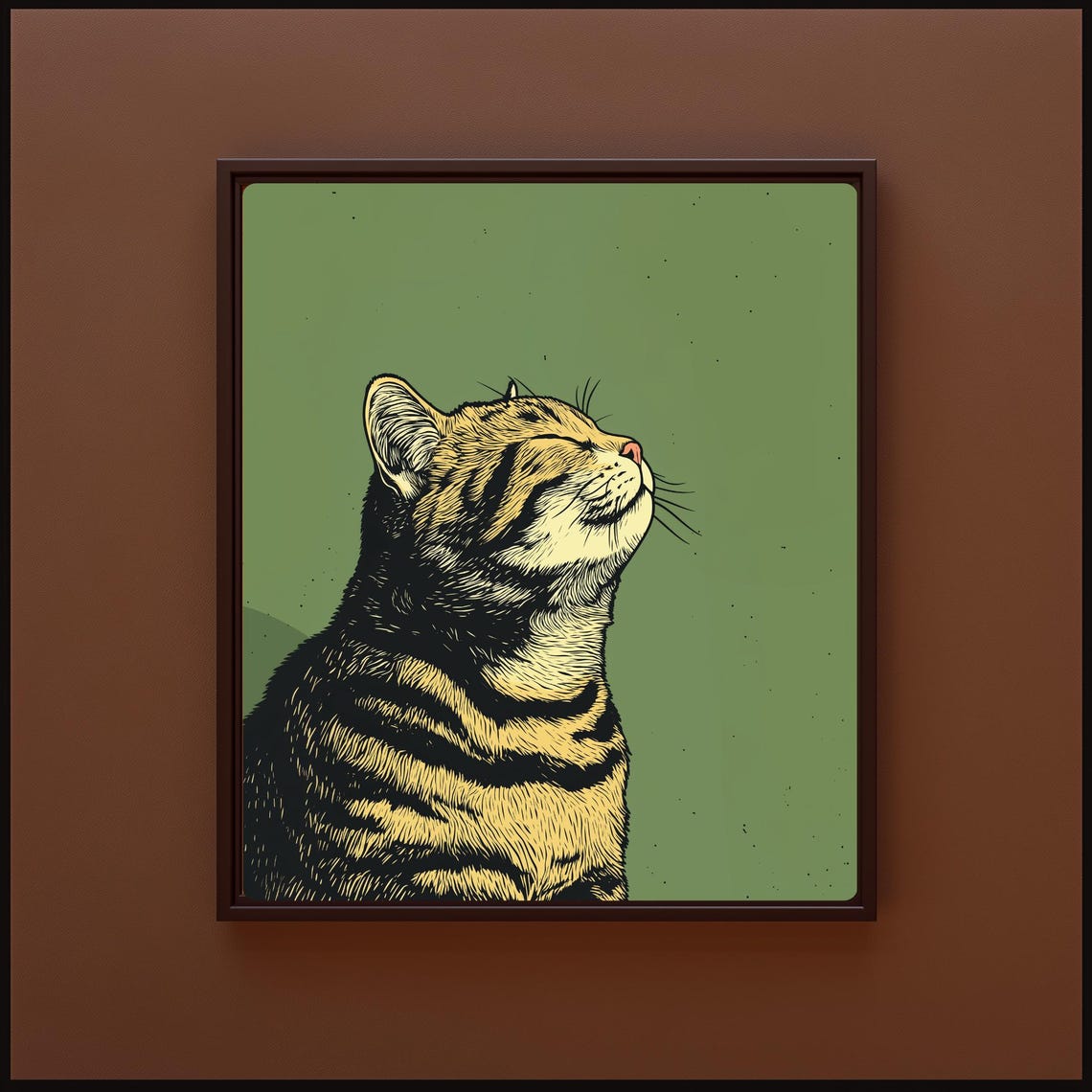 Sleepy Tabby Cat Portrait Vintage Green Retro Animal Art Poster