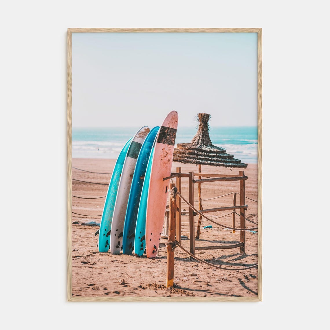 Blue and Pink Surfboards on Beach Rack Thatched Hut Art Poster