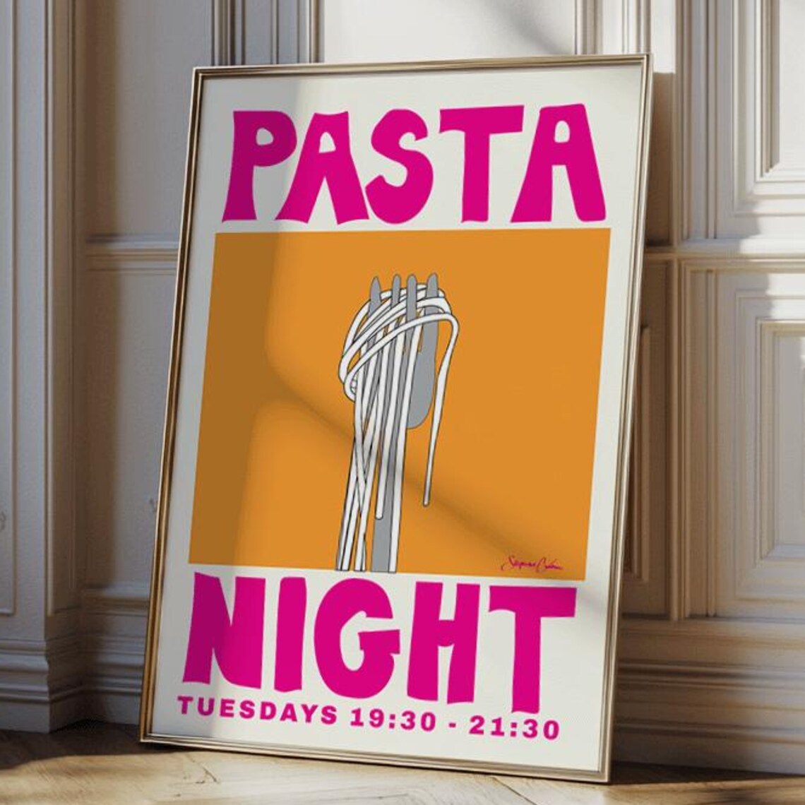 Retro Pasta Night Kitchen Art Print, Pink and Orange