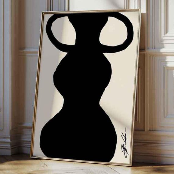 Abstract Black Vase Silhouette Poster Beige Mid Century Modern Artwork