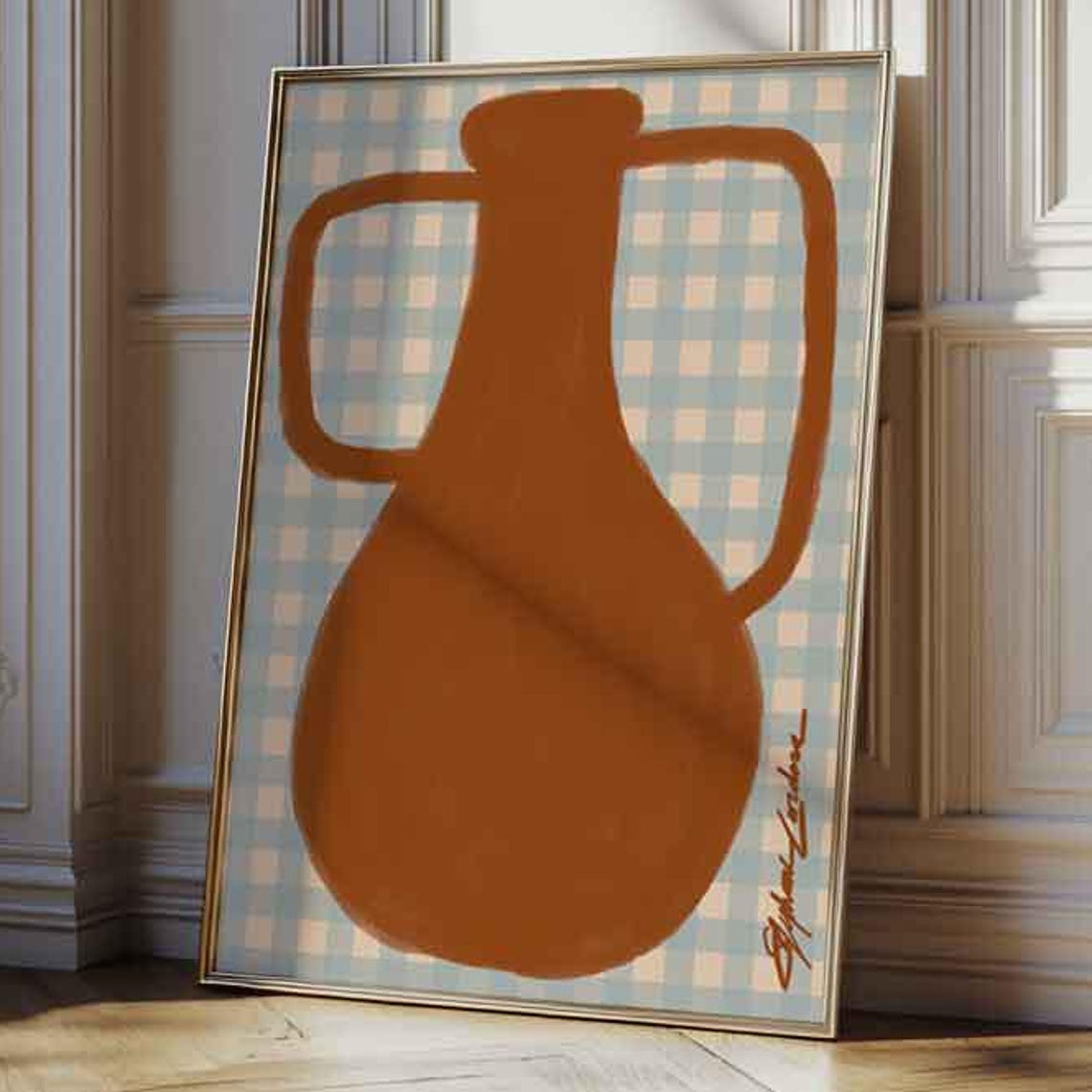 Terracotta Amphora Silhouette Gingham Check Scandi Abstract Art Poster