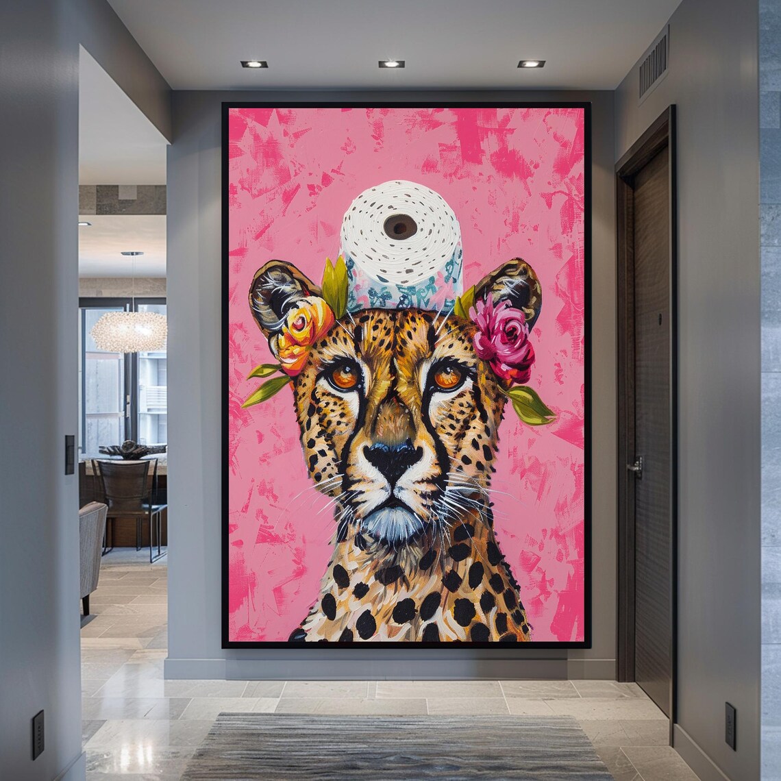 Cheetah Wearing Toilet Paper Hat Pink Whimsical Funny Bathroom Poster - Image 2
