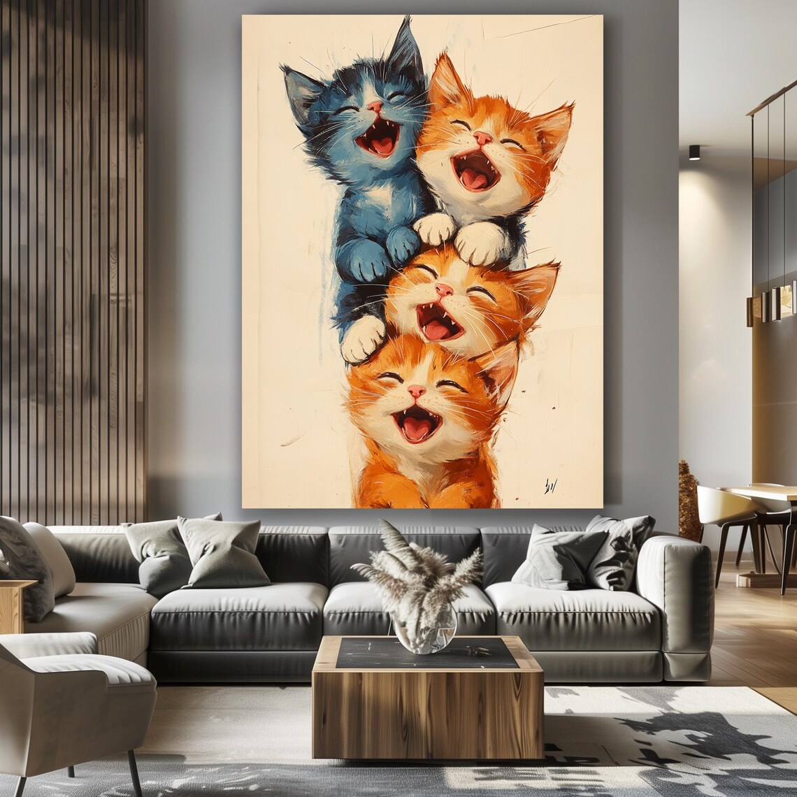 Four Laughing Kittens Stacked High in a Joyful Watercolor Poster - Image 2