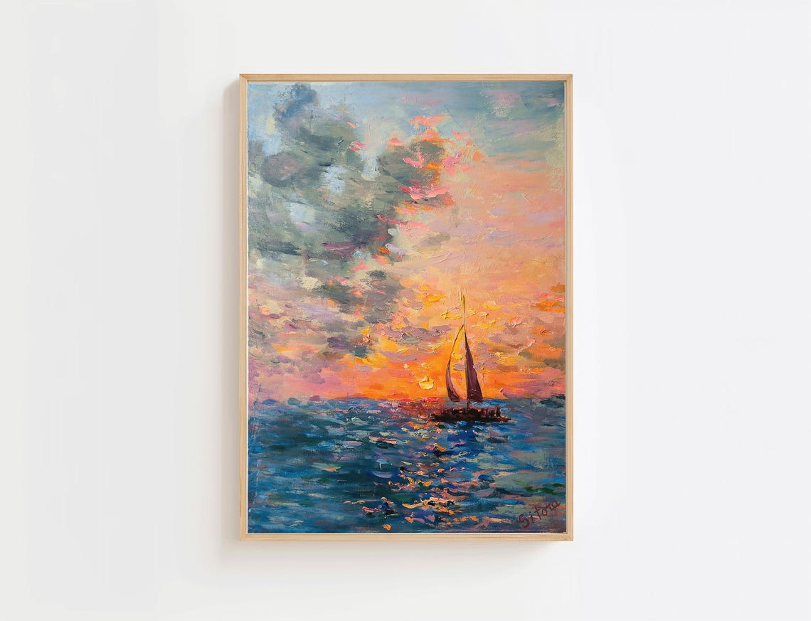 Key West Sunset Sailboat Pastel Sky Impressionist Painting Poster