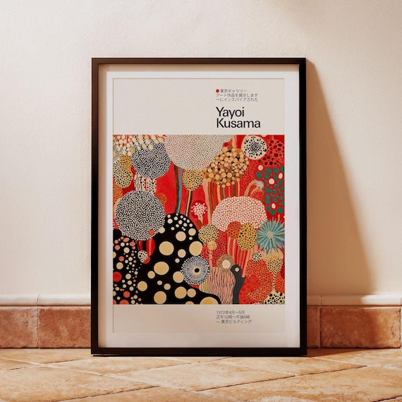 Yayoi Kusama Inspired Bold Red Dotted Tree Garden Exhibition Poster