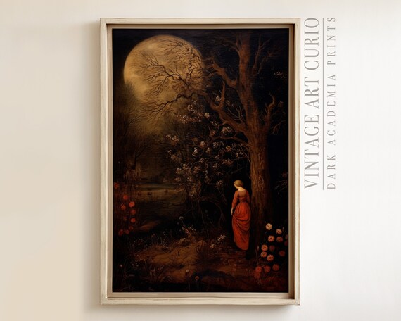 Antique Woman Painting Moody Moon Print Dark Academia Wall Art
