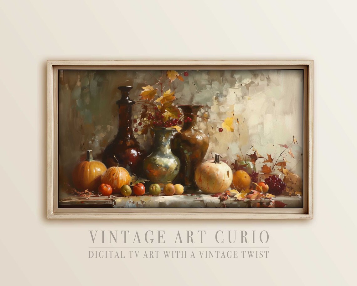 Autumn Harvest Still Life Pumpkins Vases and Apples Oil Painting Poster