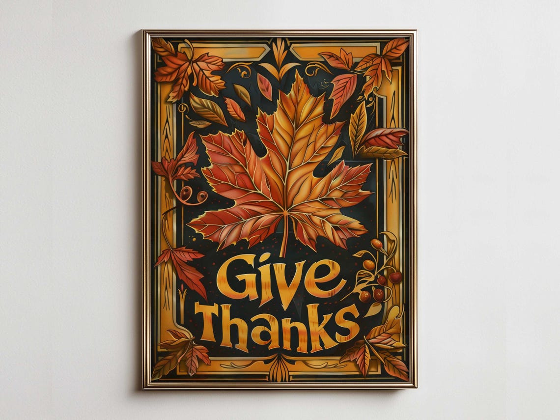 Give Thanks Golden Maple Leaf Ornate Gold Frame Thanksgiving Poster