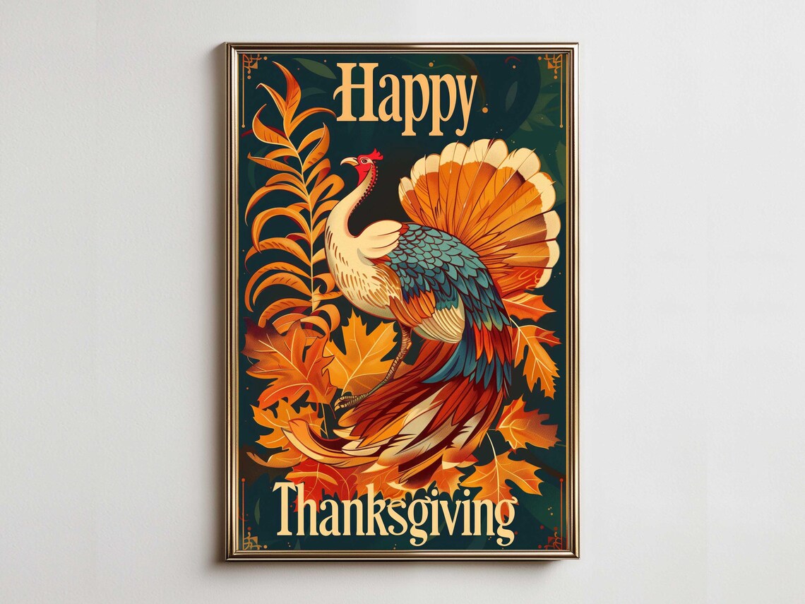 Happy Thanksgiving Turkey Autumn Leaves Dark Vintage Holiday Poster