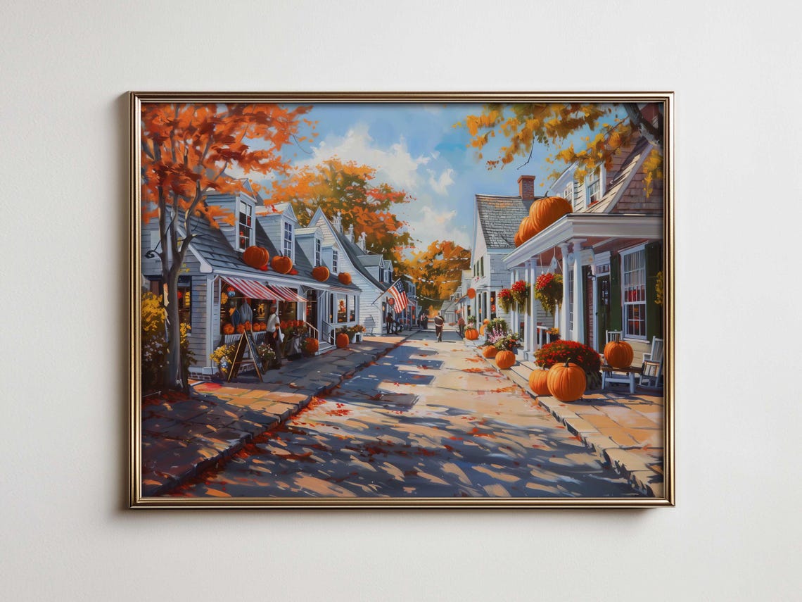 Autumn Small Town Street Pumpkins Fall Main Street Scene Poster