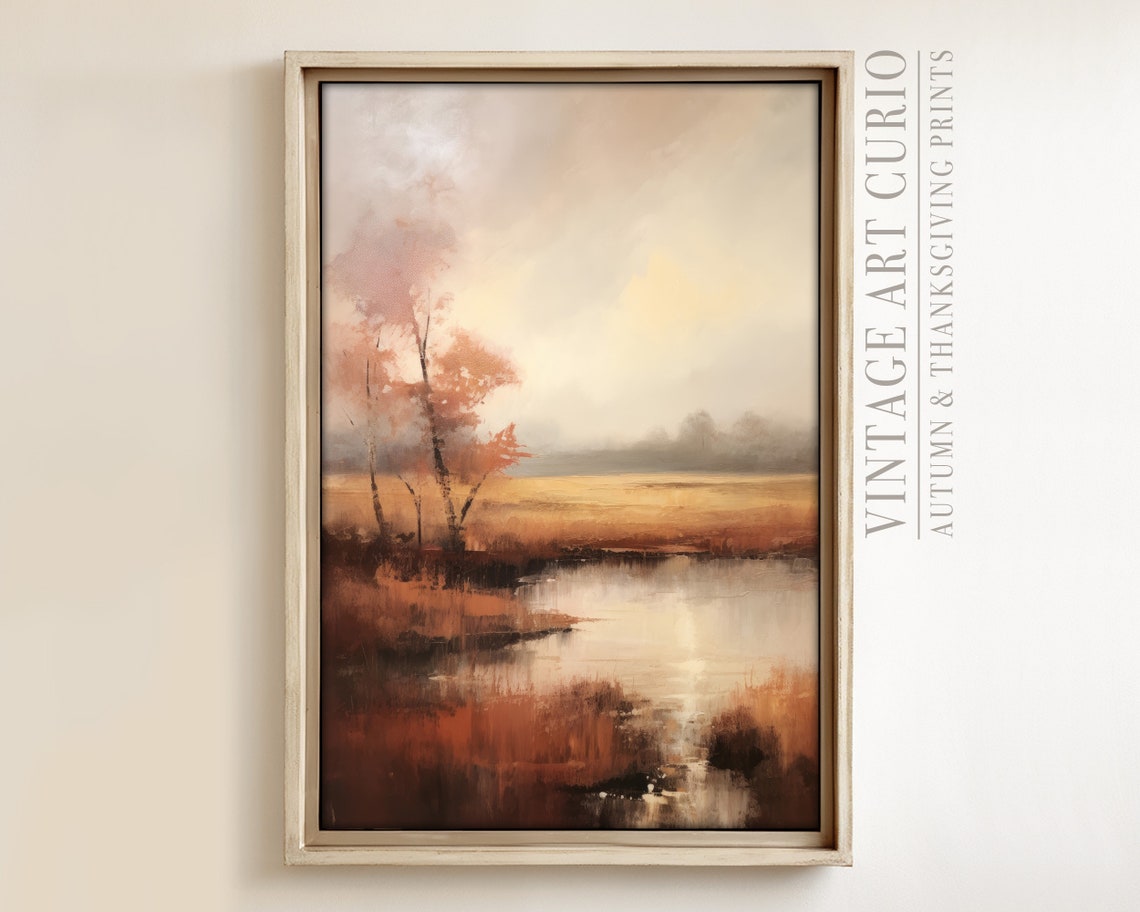 Warm Autumn Landscape Painting Rustic Fall Tree Lake Art Print