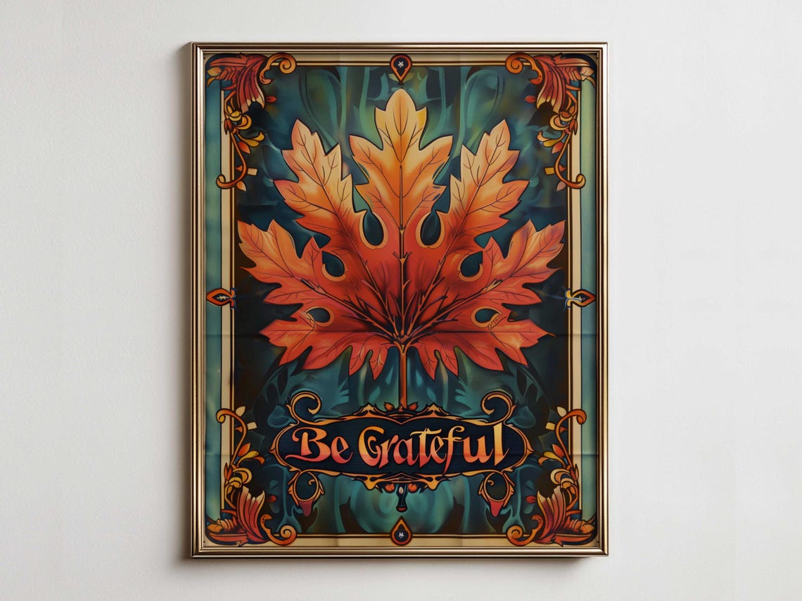 Be Grateful Maple Leaf Stained Glass Style Vintage Fall Poster