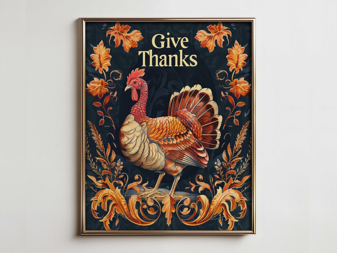 Dark Teal Give Thanks Turkey Autumn Vintage Botanical Poster