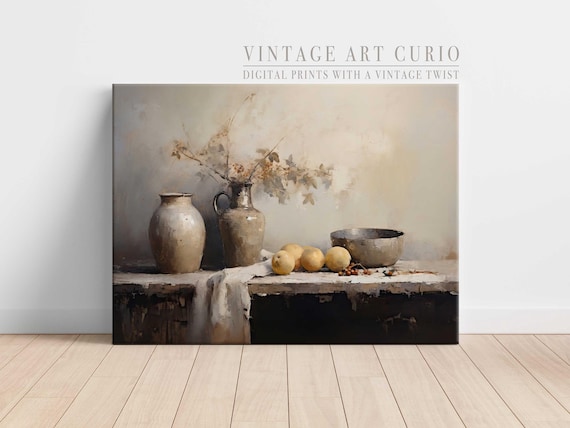 Rustic Pottery Still Life Painting Lemons Vintage Farmhouse Kitchen Art Print