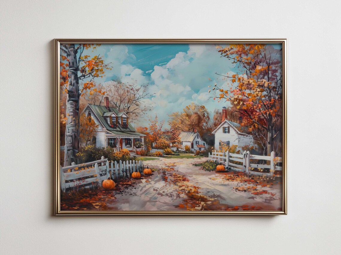 Autumn Countryside Farmhouses Picket Fence Pumpkins Fall Poster