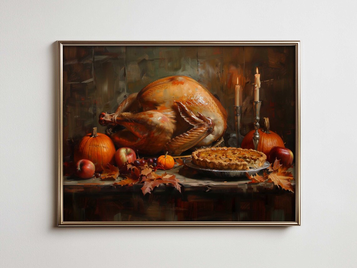 Thanksgiving Roast Turkey Pumpkin Pie Autumn Still Life Poster