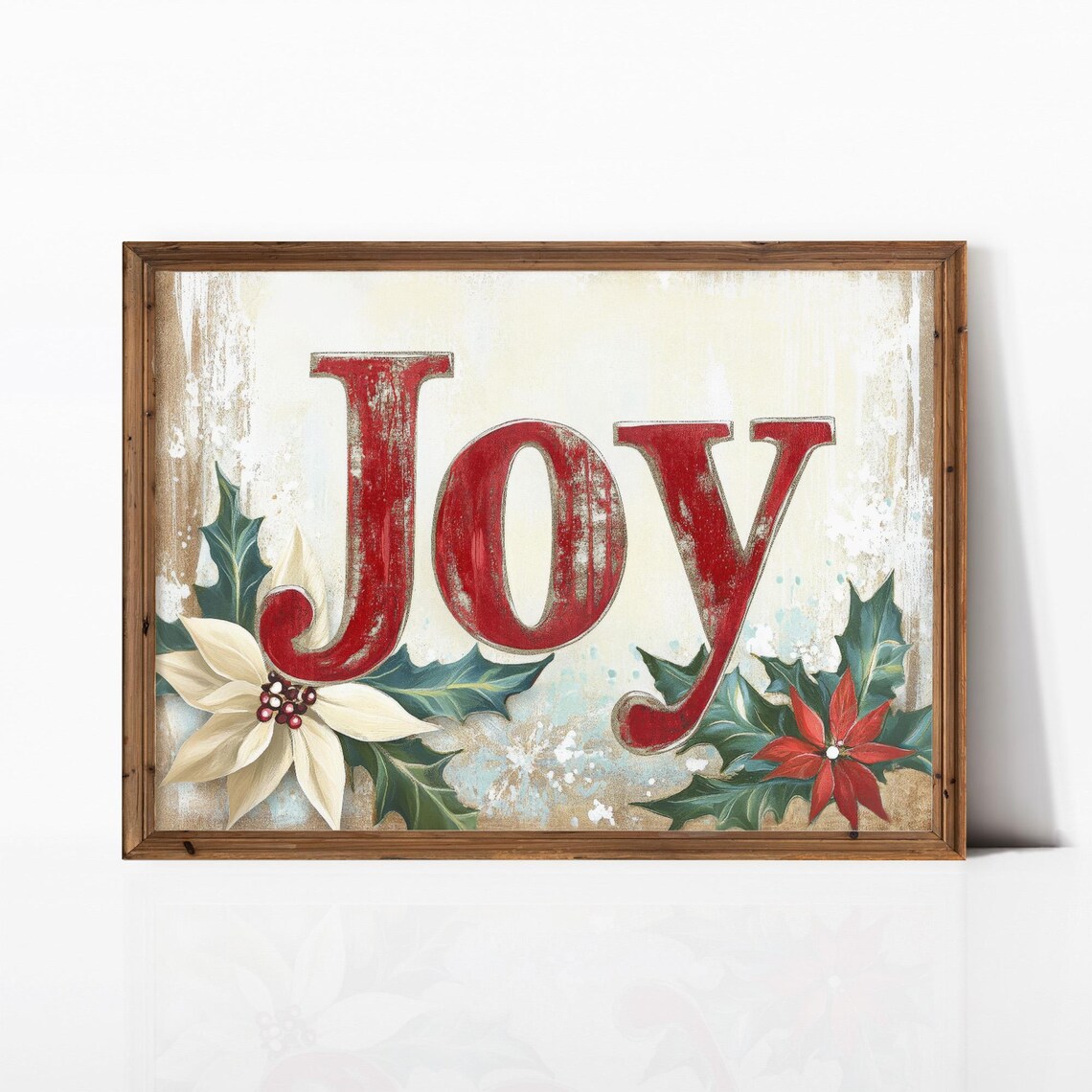 Vintage Red Joy Christmas Sign Poinsettia Holly Holiday Wall Poster - Image 5