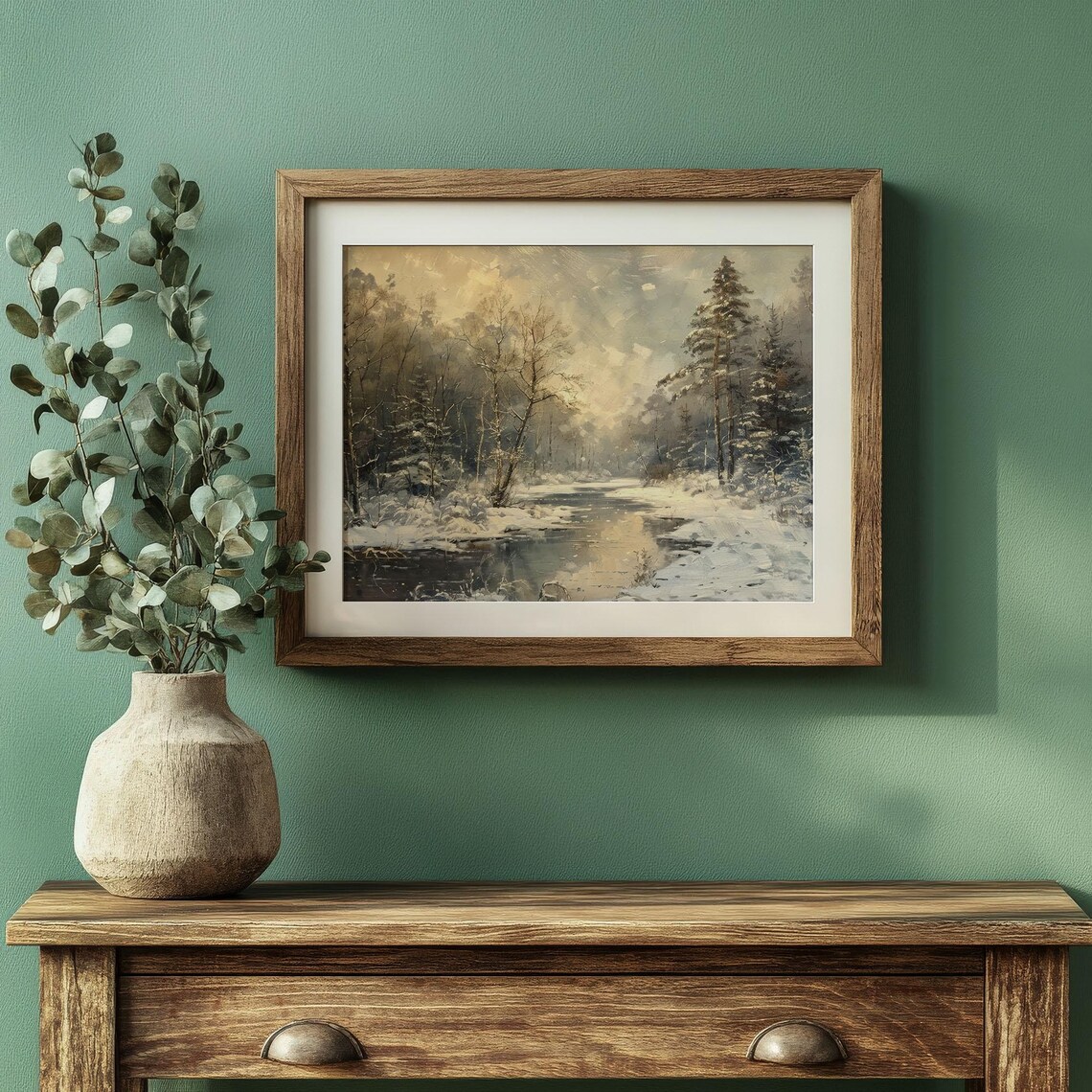 Vintage Winter Forest Snowy River Landscape Woodland Art Poster - Image 4