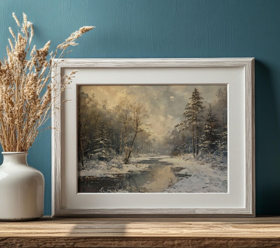 Vintage Winter Forest Snowy River Landscape Woodland Art Poster - Image 2