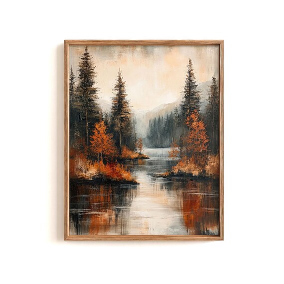 Autumn Forest Lake Painting Fall Foliage Reflection Nature Poster