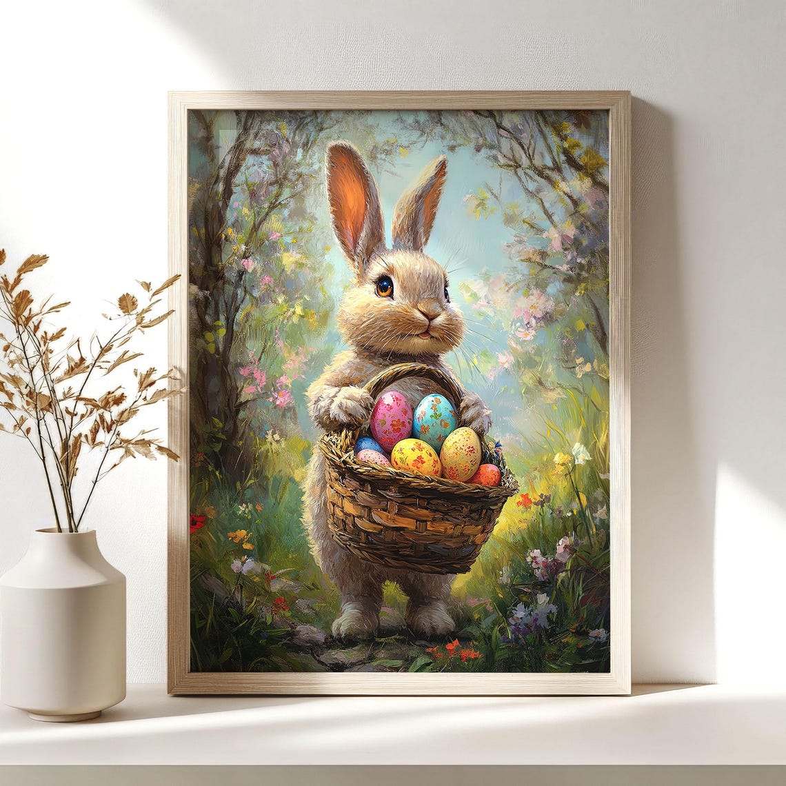 Cute Easter Bunny Print Easter Basket Painting Easter Egg Art Nursery Decor Wall Art Instant Spring Rabbit Poster - Image 3