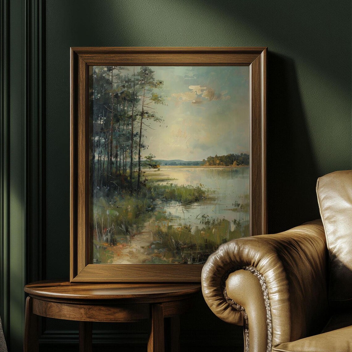 Vintage Lakeside Landscape Painting, Rustic Home Decor - Image 3