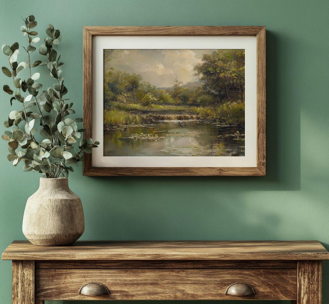 Serene River Waterfall Vintage Forest Stream Landscape Art Poster - Image 3