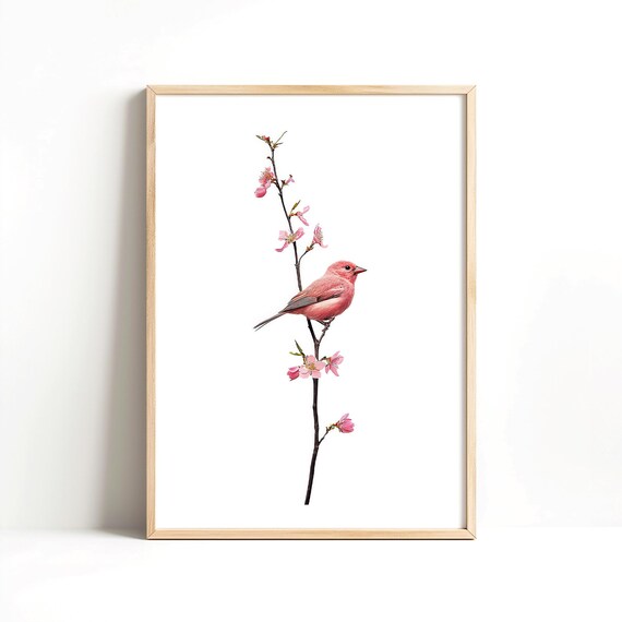 Pink Songbird on Blossoming Branch Minimalist Floral Nature Wall Art