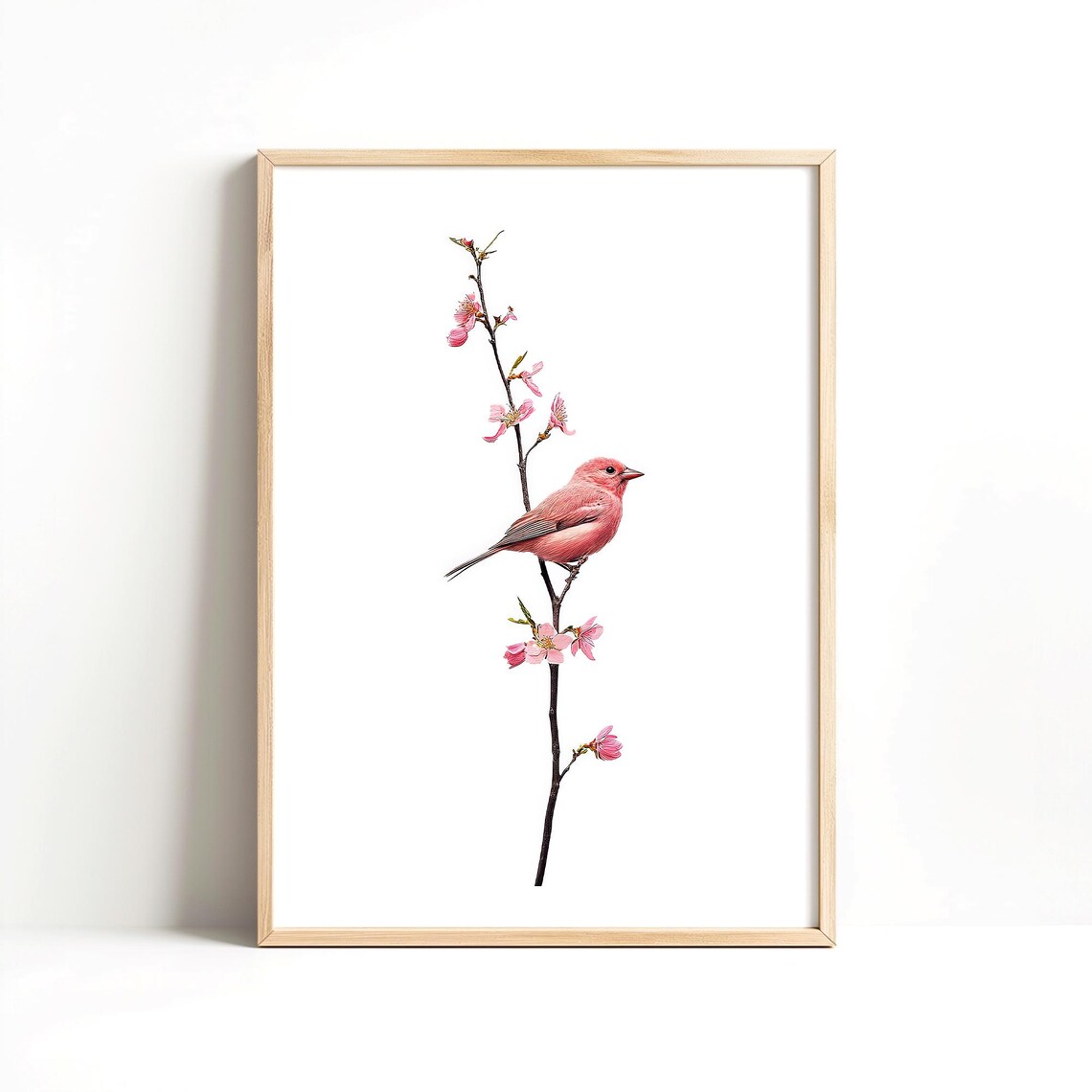 Pink Songbird on Blossoming Branch Minimalist Floral Nature Wall Art