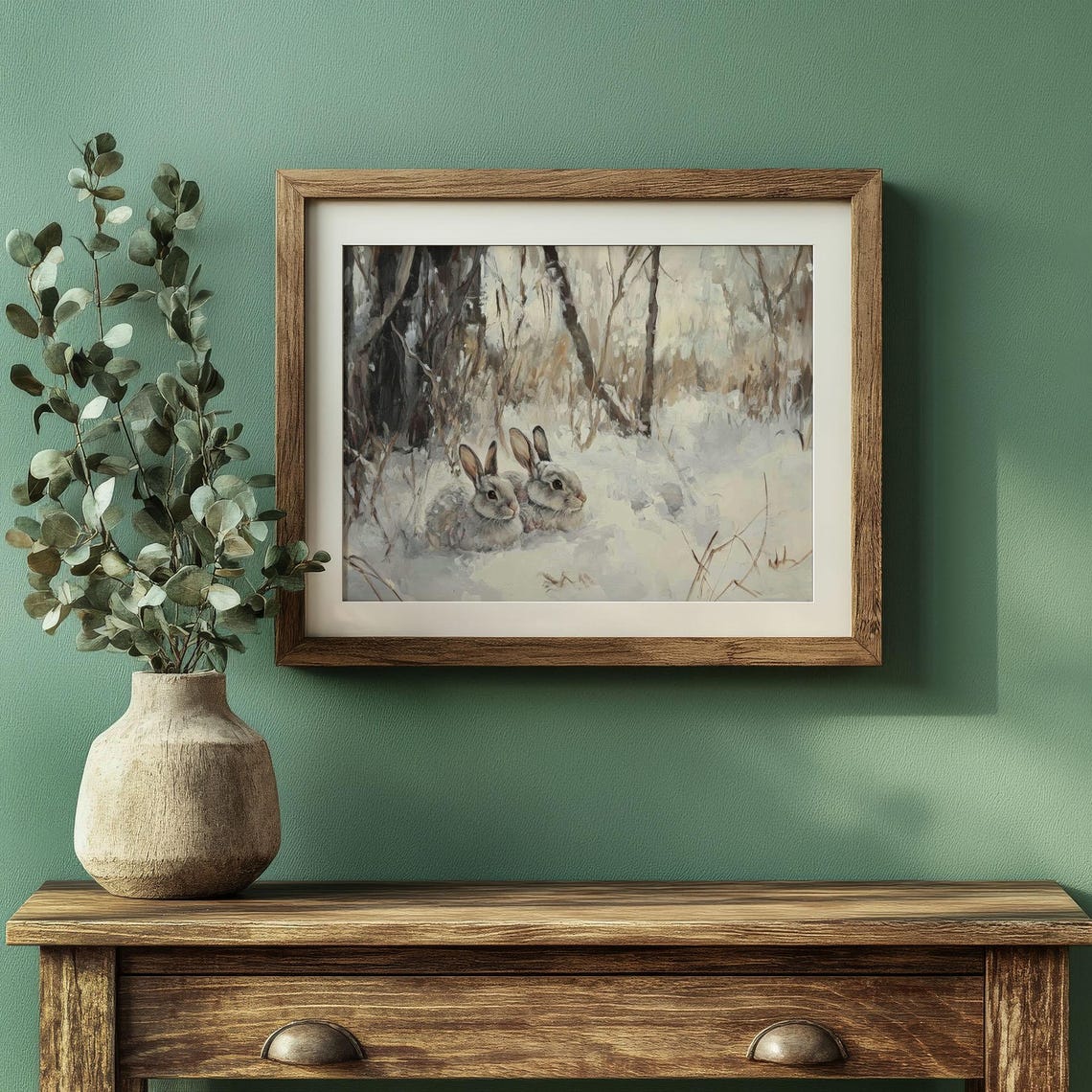 Rabbit Pair Snowy Forest Clearing Vintage Winter Wildlife Poster - Image 4