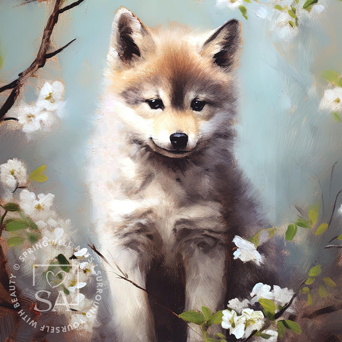 Baby Wolf Pup Blossom Painting Cute Nursery Animal Wall Decor Poster - Image 2