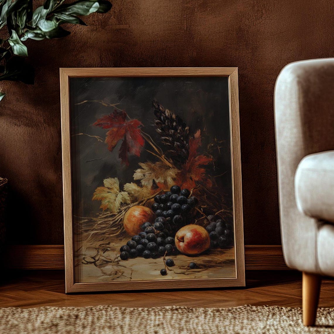 Dark Moody Still Life Grapes Peaches And Autumn Leaves Vintage Poster - Image 3