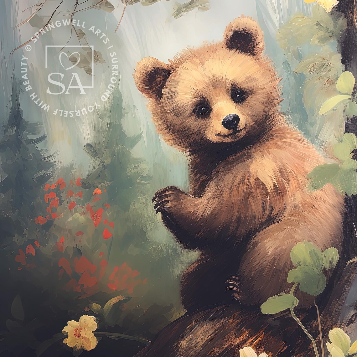Baby Bear Cub Forest Painting Cute Woodland Nursery Wall Decor Poster - Image 2