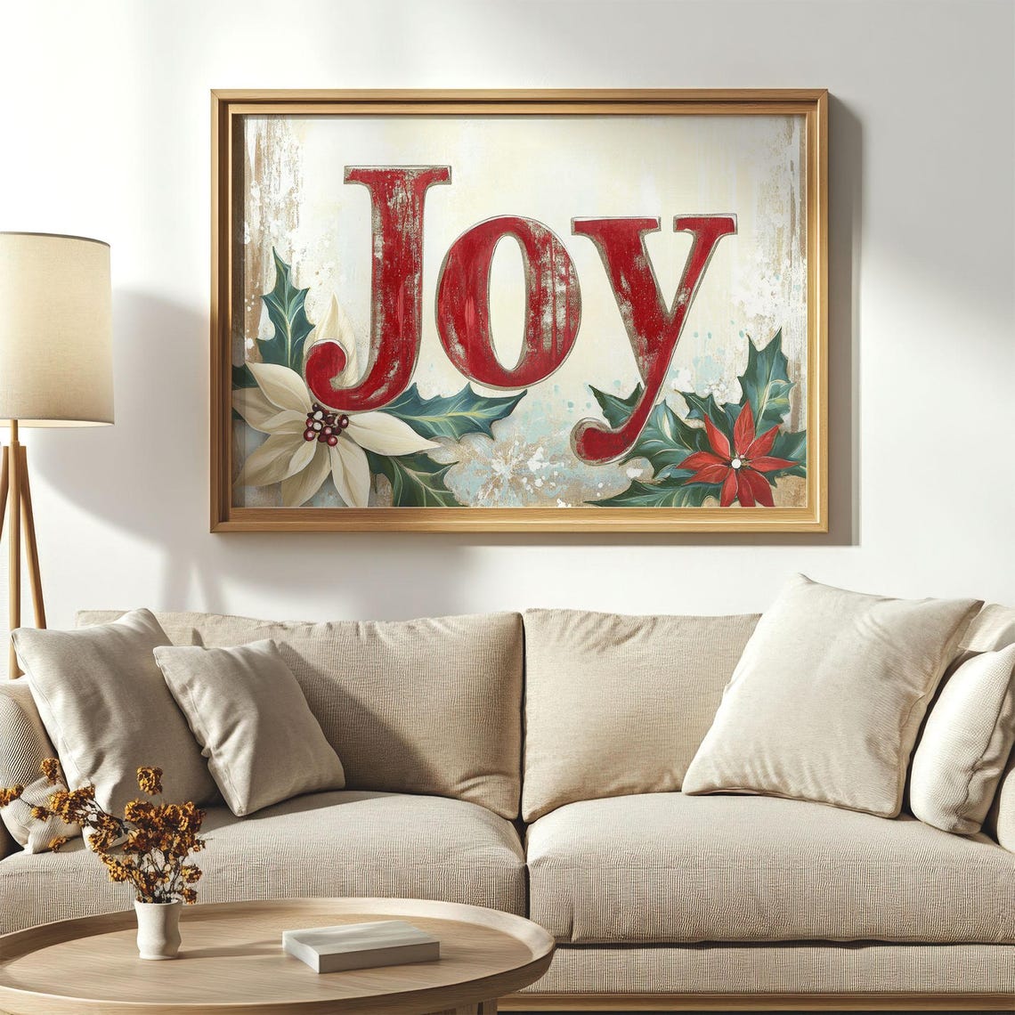 Vintage Red Joy Christmas Sign Poinsettia Holly Holiday Wall Poster