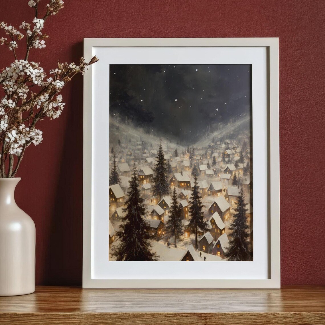 Snowy Winter Village Night Glowing Windows Pine Trees Art Poster - Image 3