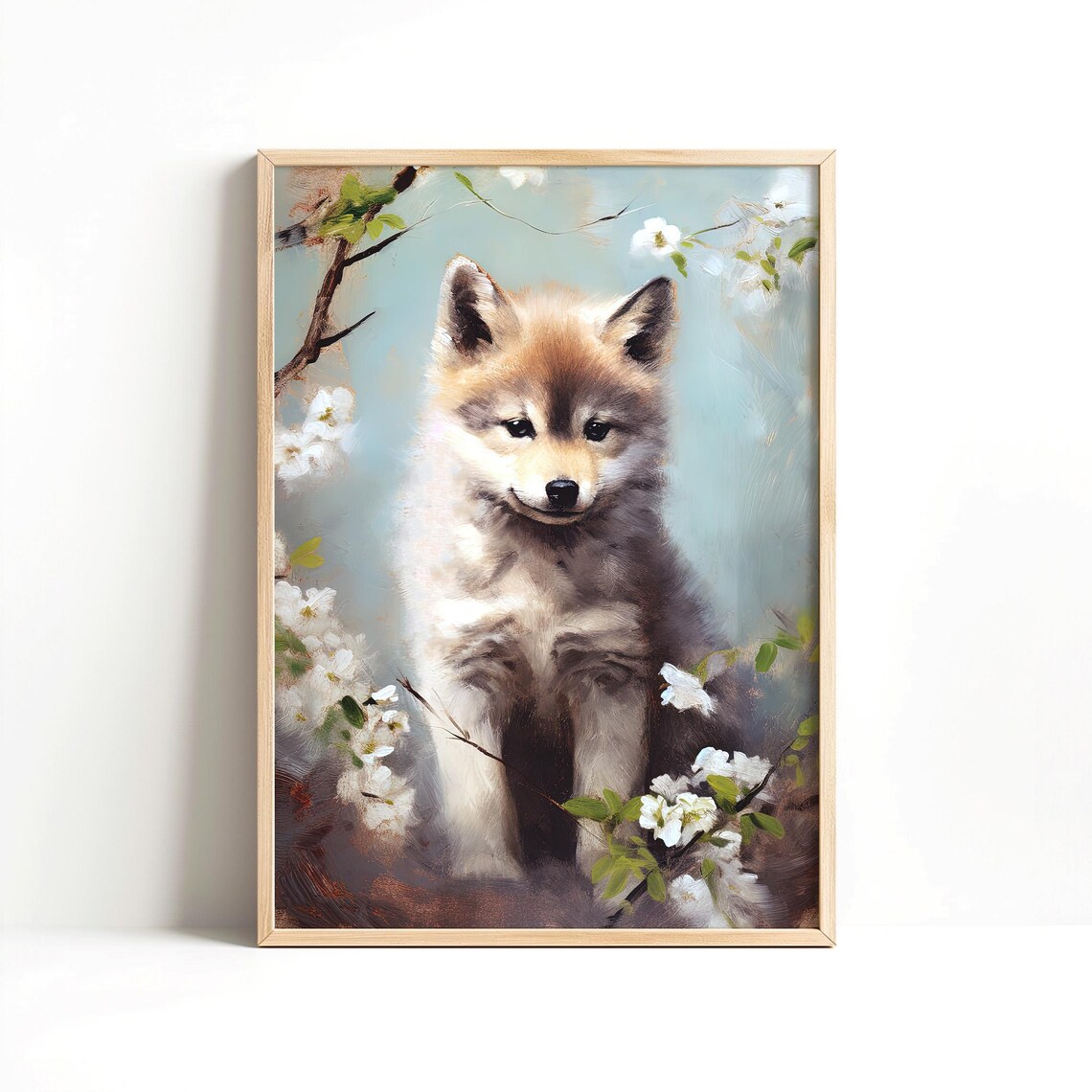 Baby Wolf Pup Blossom Painting Cute Nursery Animal Wall Decor Poster