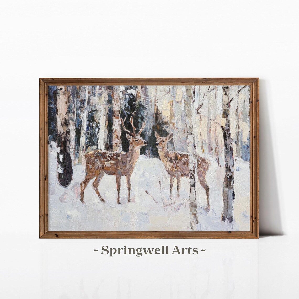 Stag And Doe Snowy Birch Woodland Vintage Winter Wildlife Poster