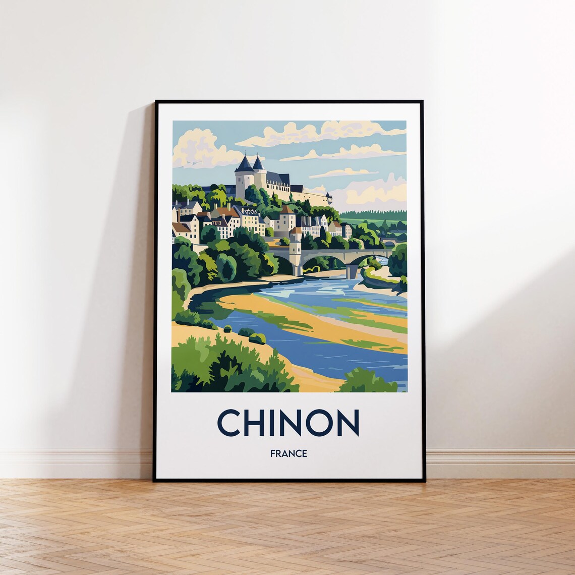 Chinon France Riverside Castle Town in a Vintage Travel Style Poster