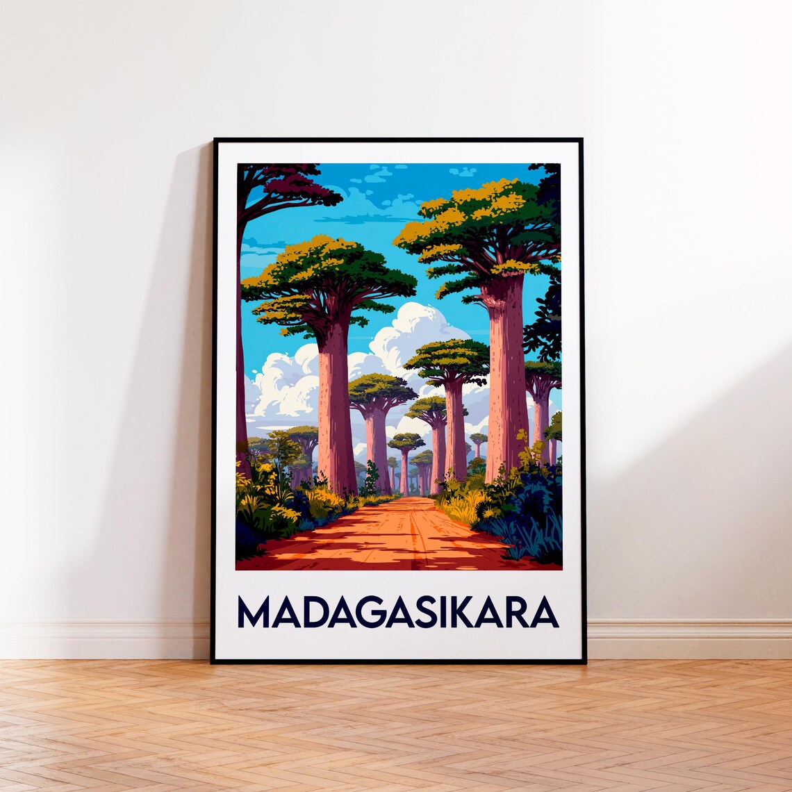 Madagasikara Vintage Travel Poster With Baobab Avenue Road Scene