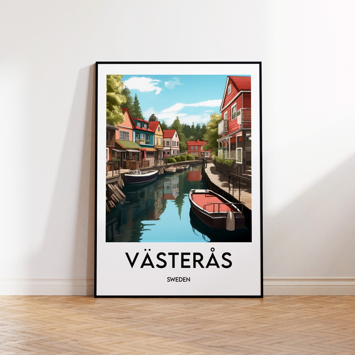 Vasteras Sweden Canal Colorful Old Houses Boats Travel Poster